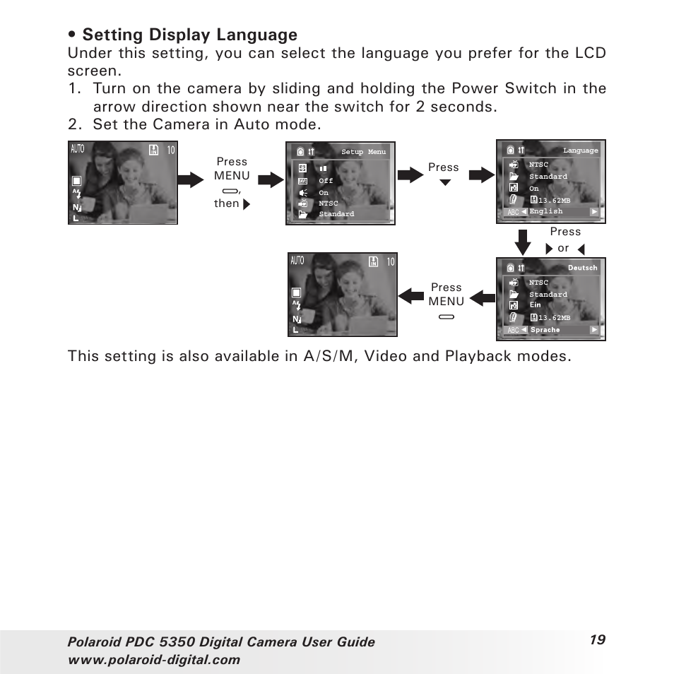 Setting display language | Polaroid PDC 5350 User Manual | Page 19 / 81