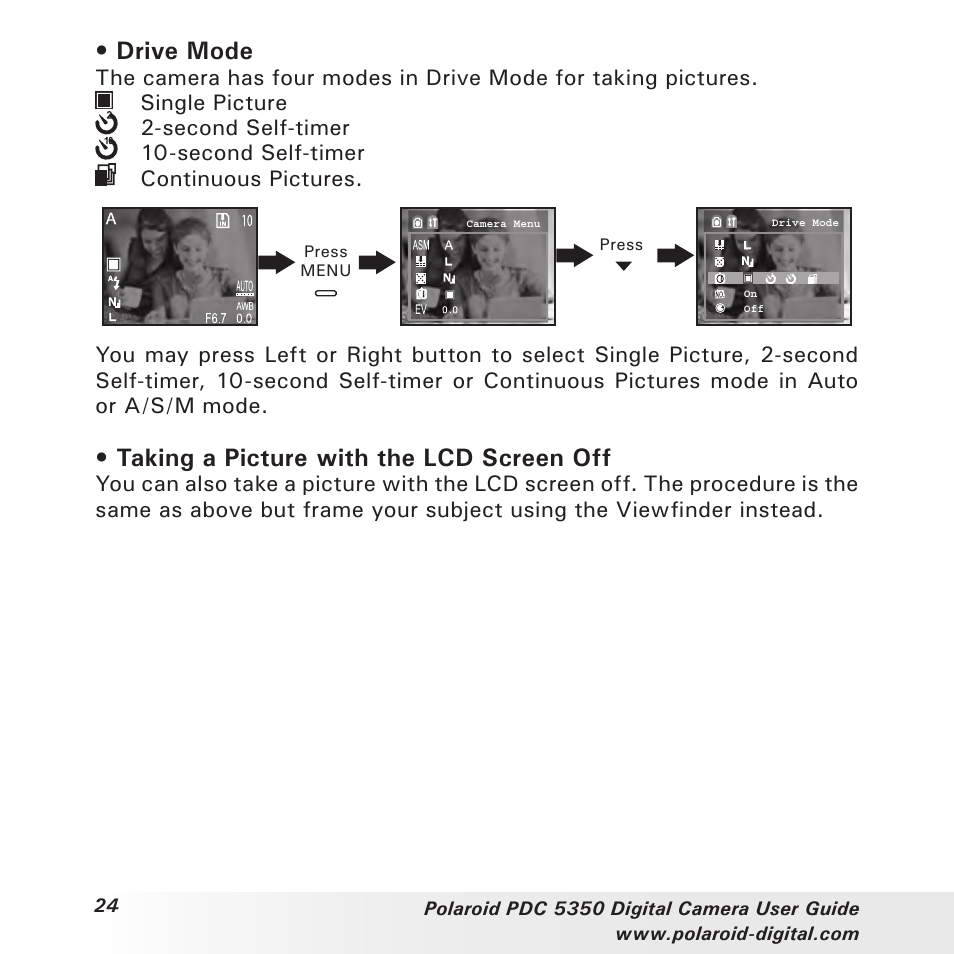 Drive mode, Taking a picture with the lcd screen off | Polaroid PDC 5350 User Manual | Page 24 / 81