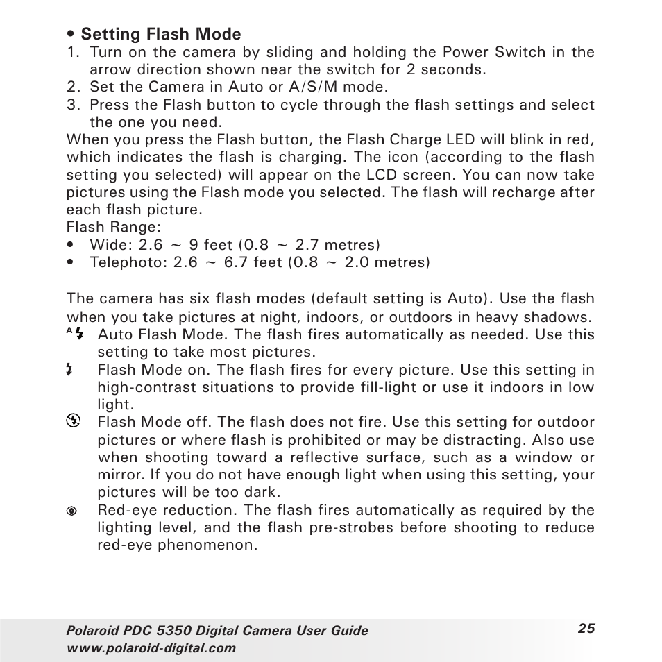 Setting flash mode | Polaroid PDC 5350 User Manual | Page 25 / 81