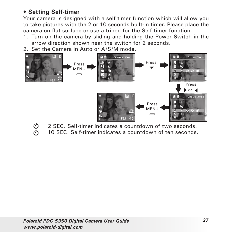 Setting self-timer | Polaroid PDC 5350 User Manual | Page 27 / 81