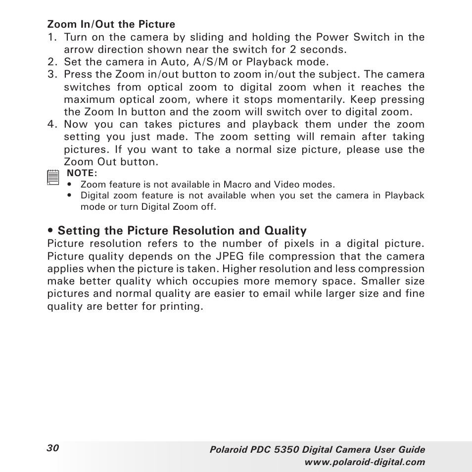 Setting the picture resolution and quality | Polaroid PDC 5350 User Manual | Page 30 / 81