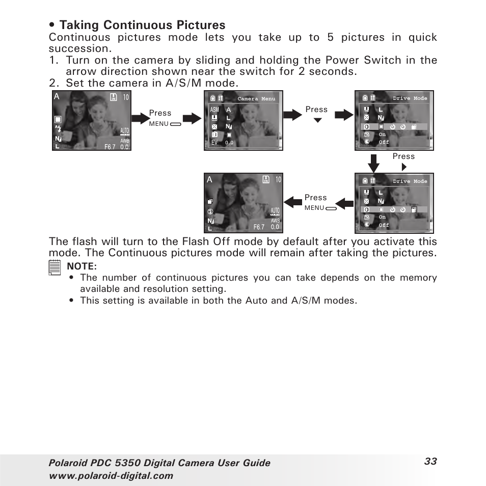 Taking continuous pictures | Polaroid PDC 5350 User Manual | Page 33 / 81