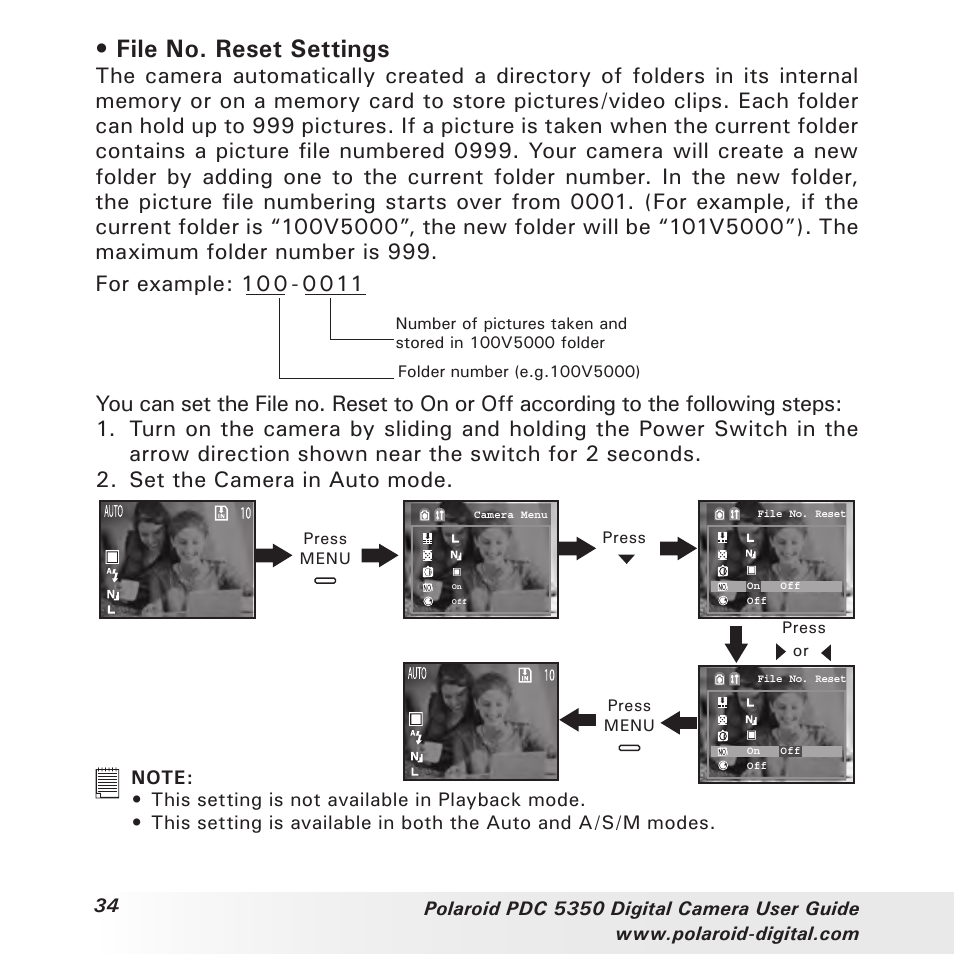 File no. reset settings | Polaroid PDC 5350 User Manual | Page 34 / 81