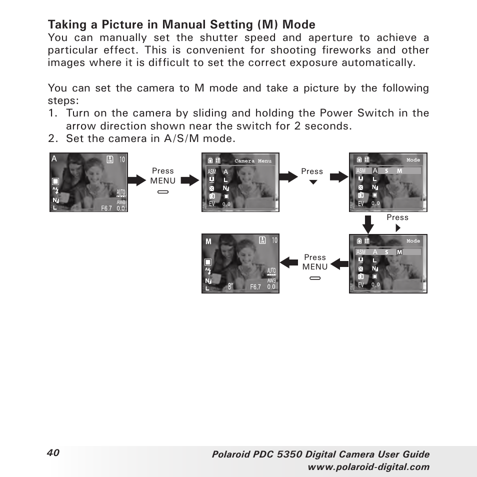 Taking a picture in manual setting (m) mode | Polaroid PDC 5350 User Manual | Page 40 / 81
