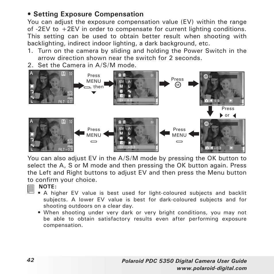 Setting exposure compensation | Polaroid PDC 5350 User Manual | Page 42 / 81