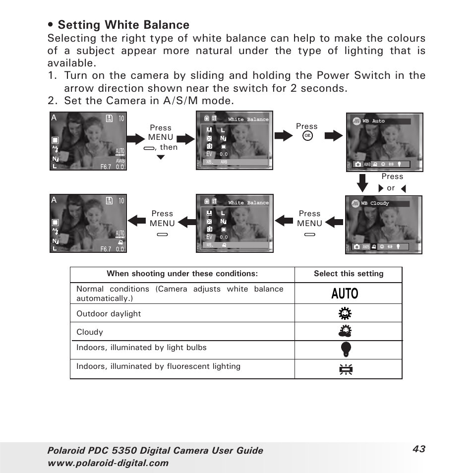 Auto, Setting white balance | Polaroid PDC 5350 User Manual | Page 43 / 81