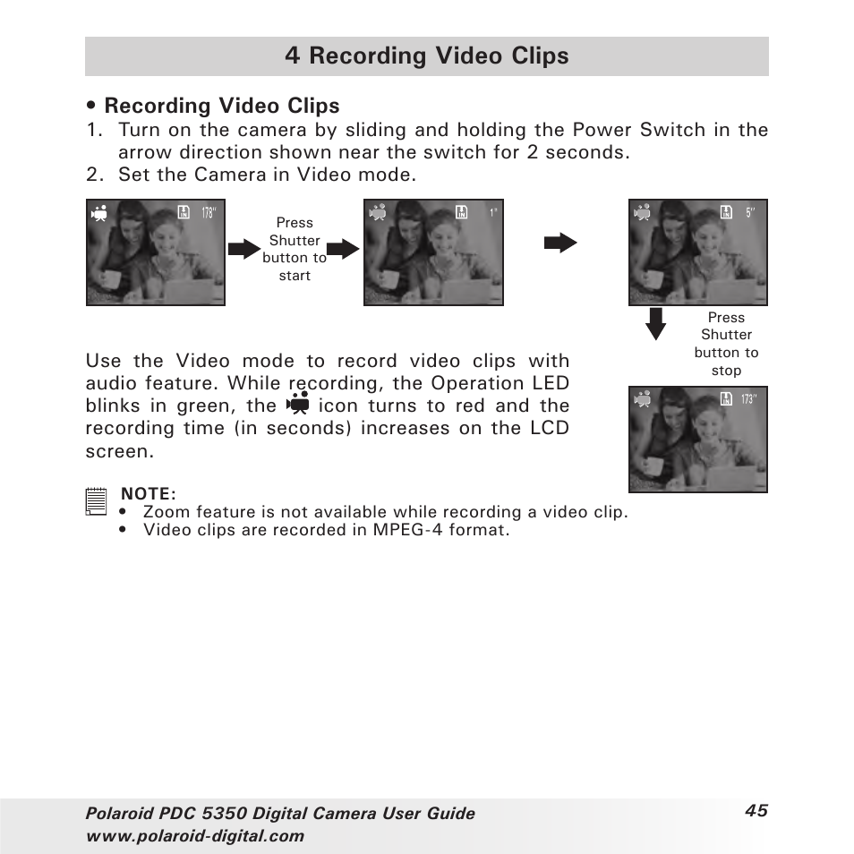 4 recording video clips, Recording video clips | Polaroid PDC 5350 User Manual | Page 45 / 81