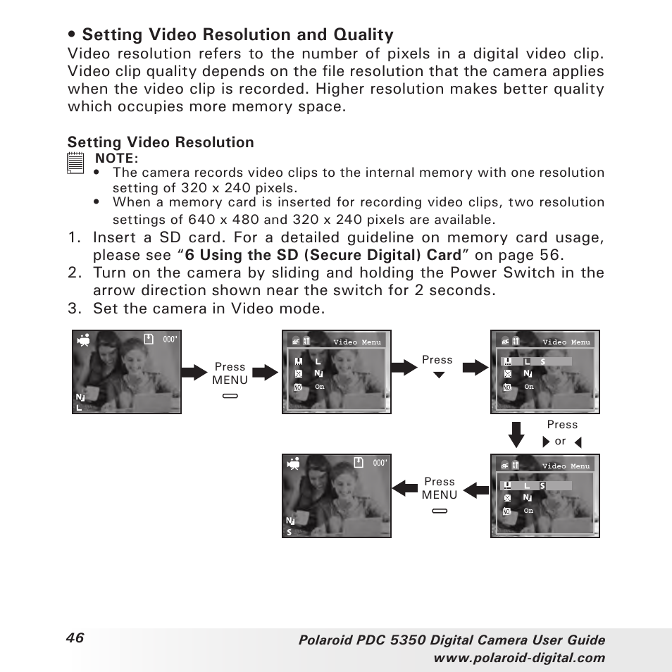 Setting video resolution and quality | Polaroid PDC 5350 User Manual | Page 46 / 81