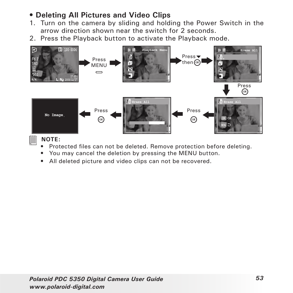 Deleting all pictures and video clips | Polaroid PDC 5350 User Manual | Page 53 / 81