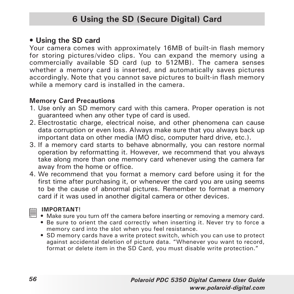 6 using the sd (secure digital) card, Using the sd card | Polaroid PDC 5350 User Manual | Page 56 / 81