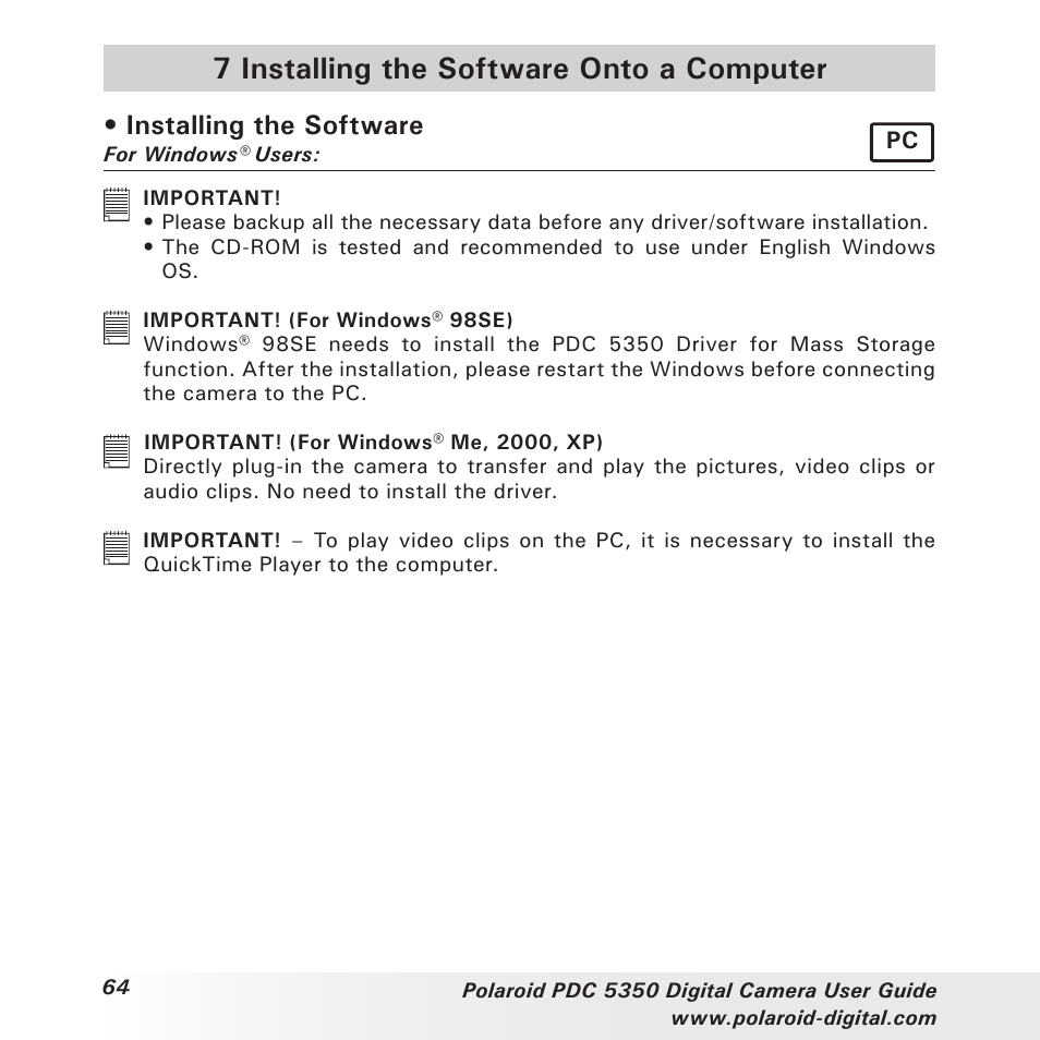 7 installing the software onto a computer, Installing the software | Polaroid PDC 5350 User Manual | Page 64 / 81