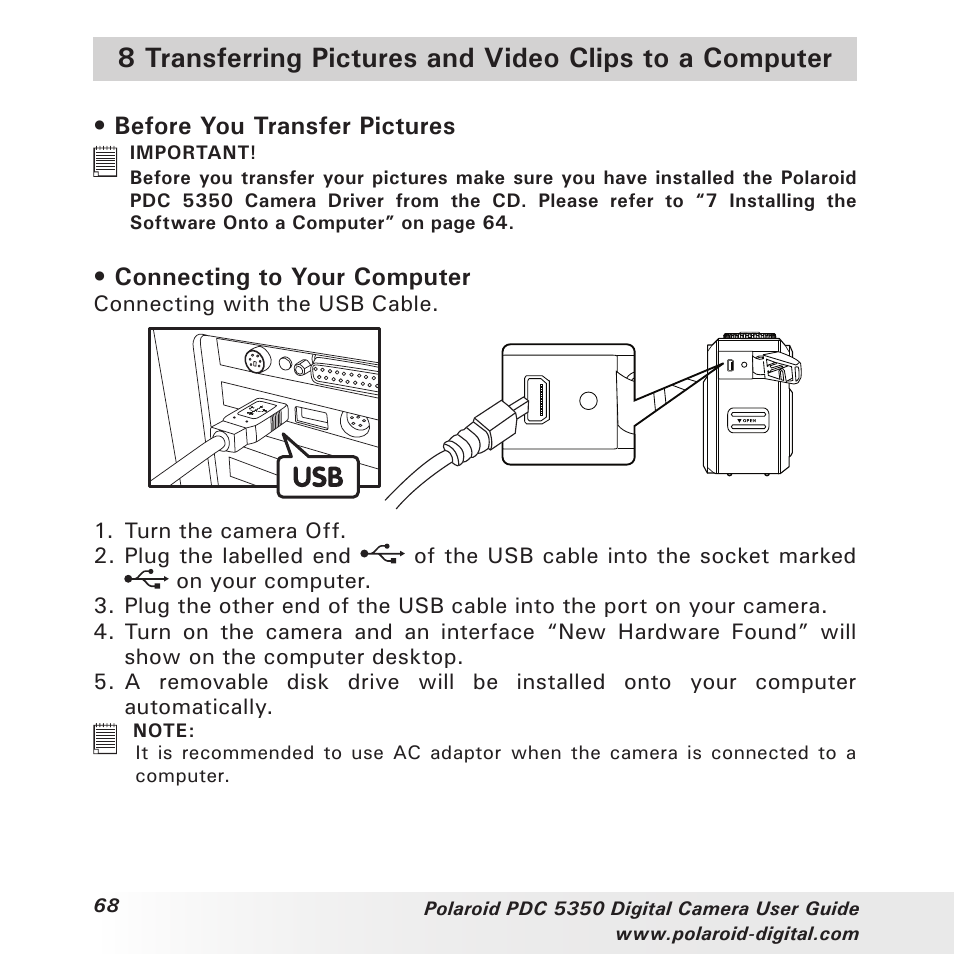 Before you transfer pictures, Connecting to your computer | Polaroid PDC 5350 User Manual | Page 68 / 81