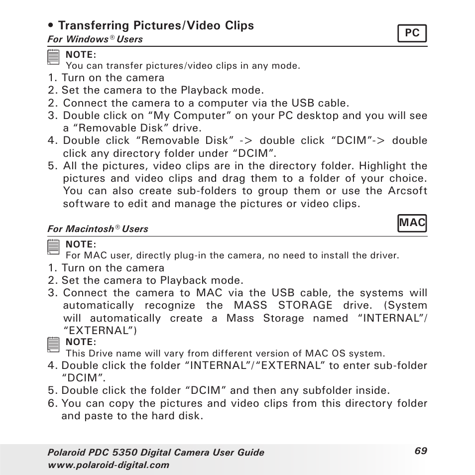 Transferring pictures/video clips | Polaroid PDC 5350 User Manual | Page 69 / 81