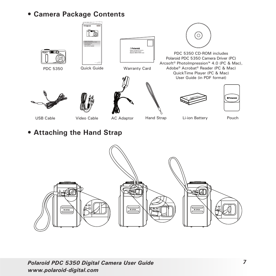 Camera package contents, Attaching the hand strap | Polaroid PDC 5350 User Manual | Page 7 / 81