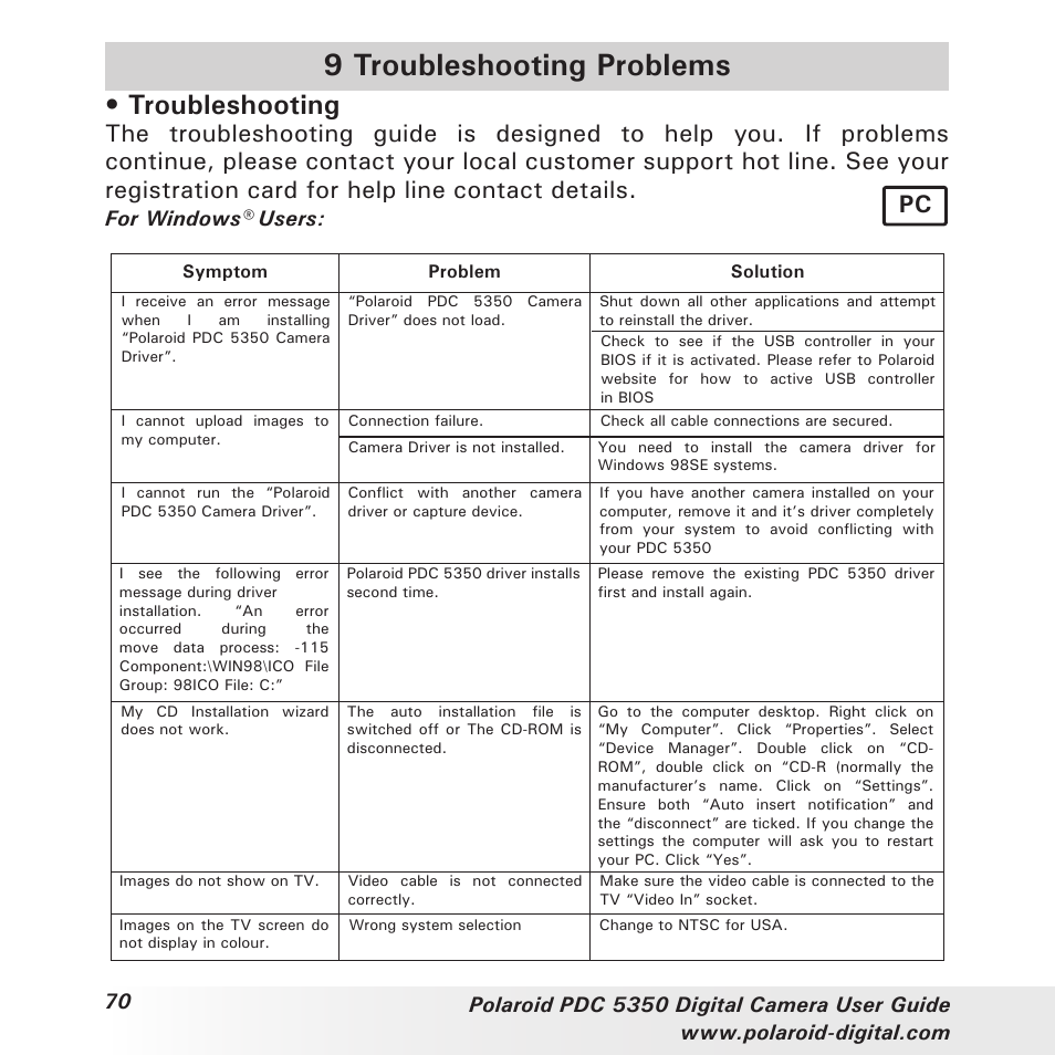 9 troubleshooting problems, Troubleshooting, For windows® users | Polaroid PDC 5350 User Manual | Page 70 / 81