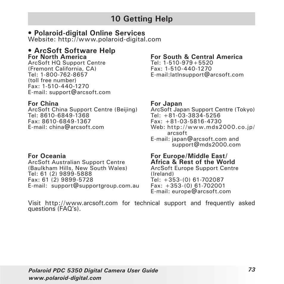 10 getting help, Polaroid-digital online services, Arcsoft software help | Polaroid PDC 5350 User Manual | Page 73 / 81