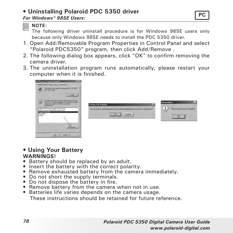 Uninstalling polaroid pdc 5350 driver, Using your battery | Polaroid PDC 5350 User Manual | Page 78 / 81