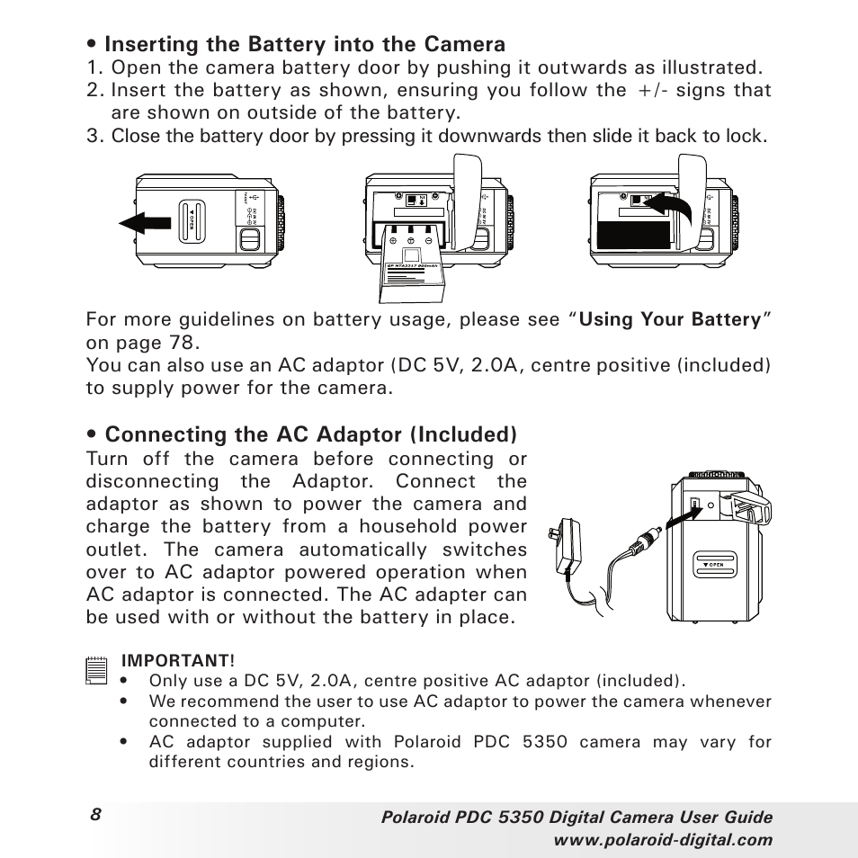 Inserting the battery into the camera, Connecting the ac adaptor (included) | Polaroid PDC 5350 User Manual | Page 8 / 81