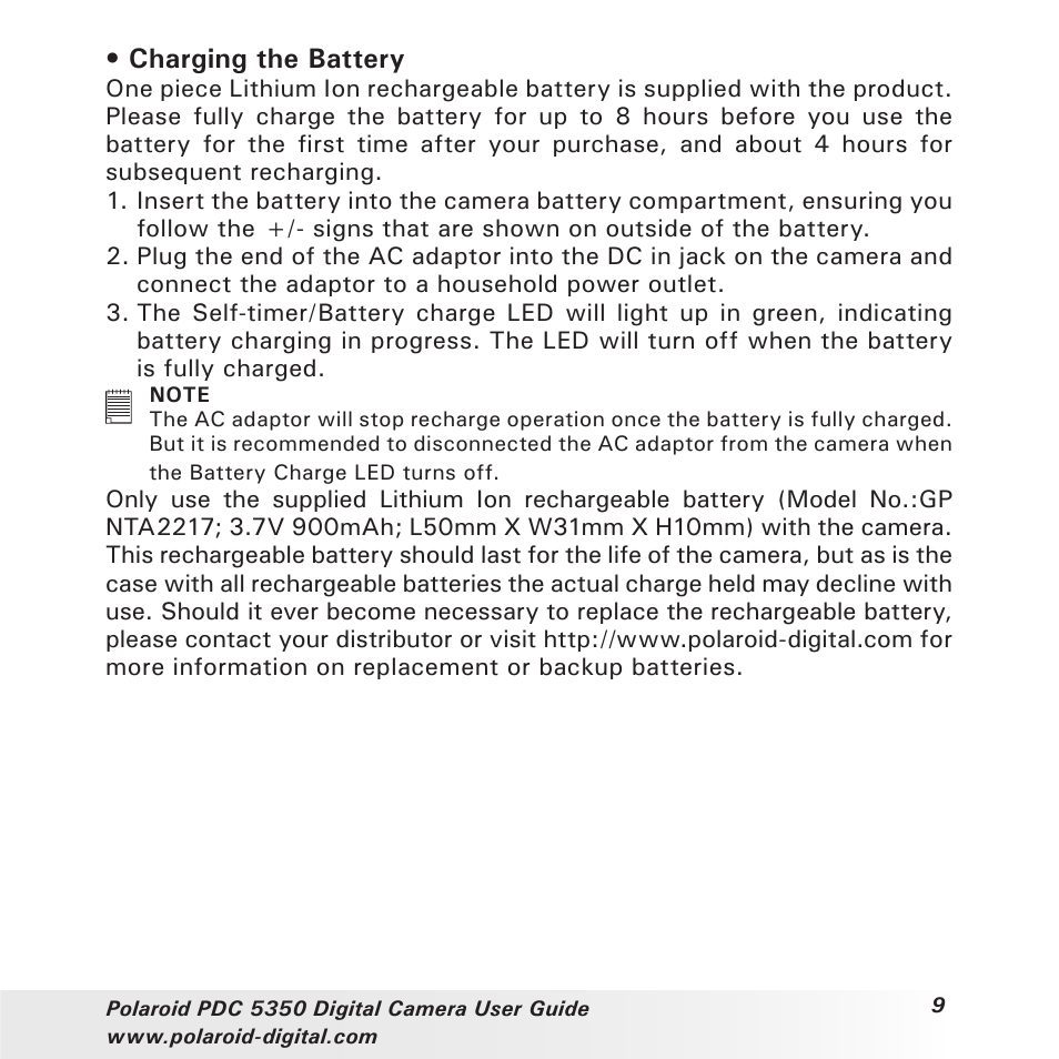 Charging the battery | Polaroid PDC 5350 User Manual | Page 9 / 81