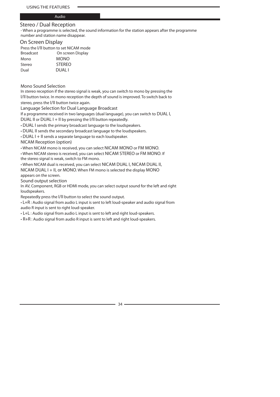 Stereo / dual reception, On screen display | Polaroid FLA-3232B User Manual | Page 35 / 44