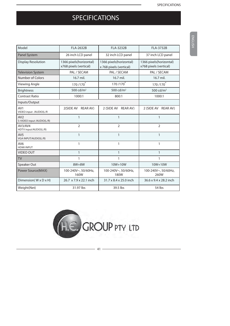 Specifications | Polaroid FLA-3232B User Manual | Page 42 / 44