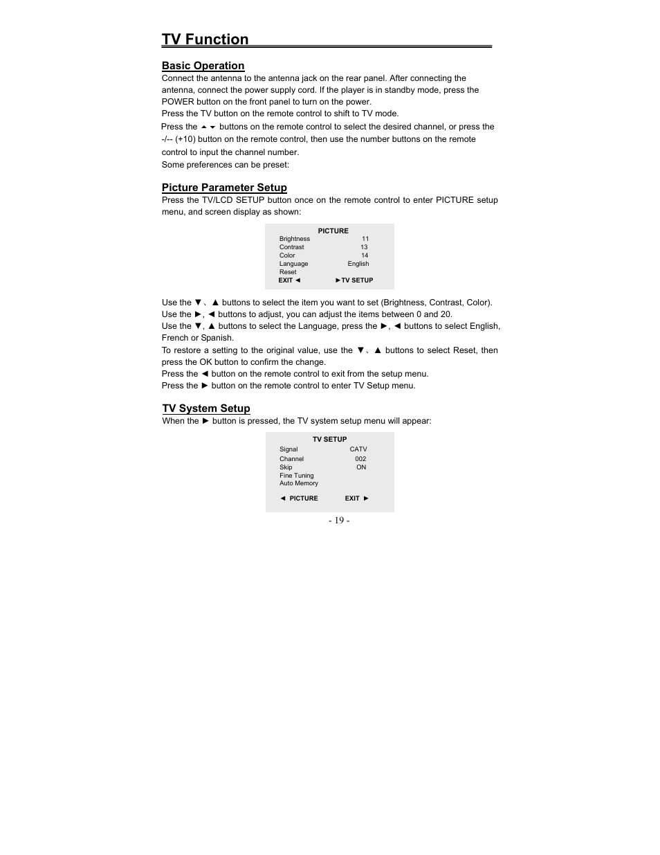 Tv function | Polaroid FDM-1000A User Manual | Page 19 / 36