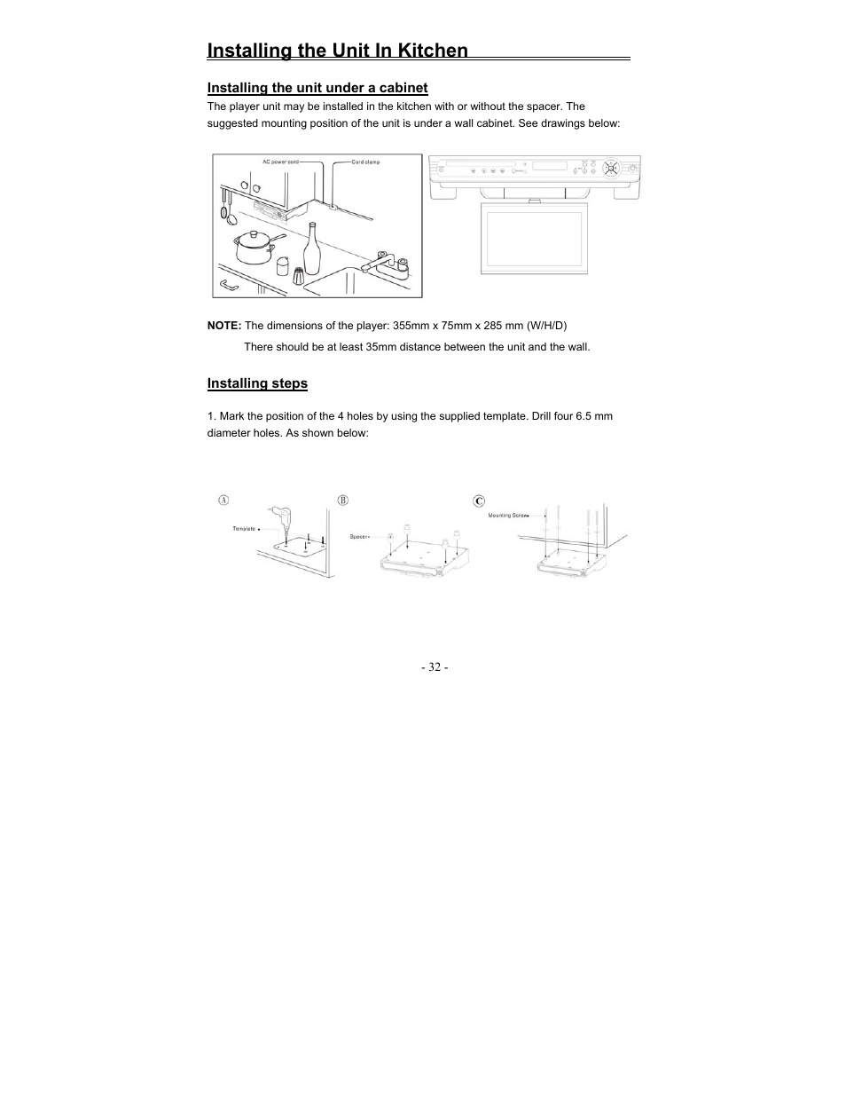 Stalling the unit in kitchen | Polaroid FDM-1000A User Manual | Page 32 / 36