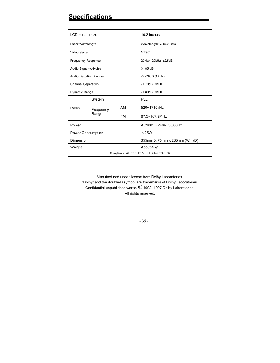 Specifications | Polaroid FDM-1000A User Manual | Page 35 / 36