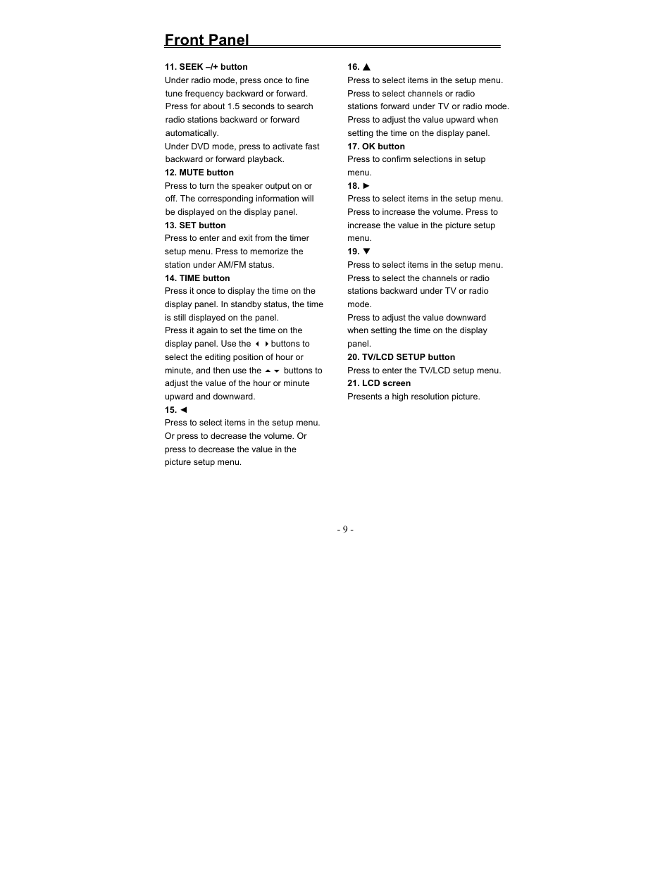 Front panel | Polaroid FDM-1000A User Manual | Page 9 / 36