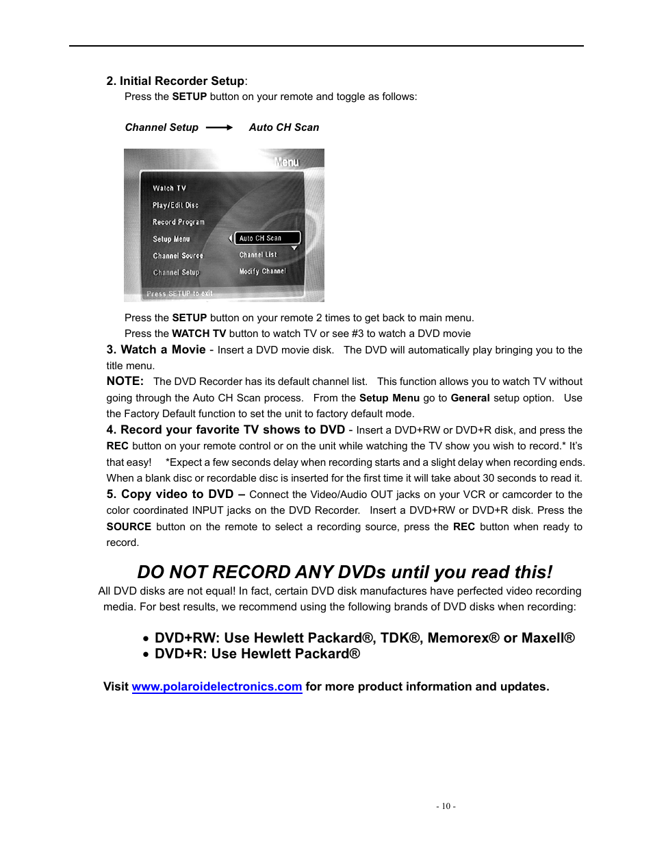 Do not record any dvds until you read this | Polaroid DVR-0900 User Manual | Page 10 / 40