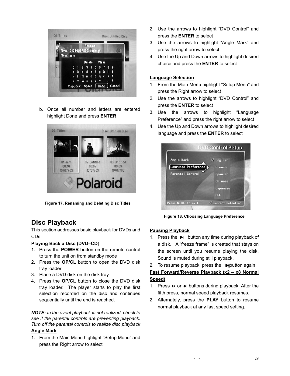 Disc playback | Polaroid DVR-0900 User Manual | Page 29 / 40