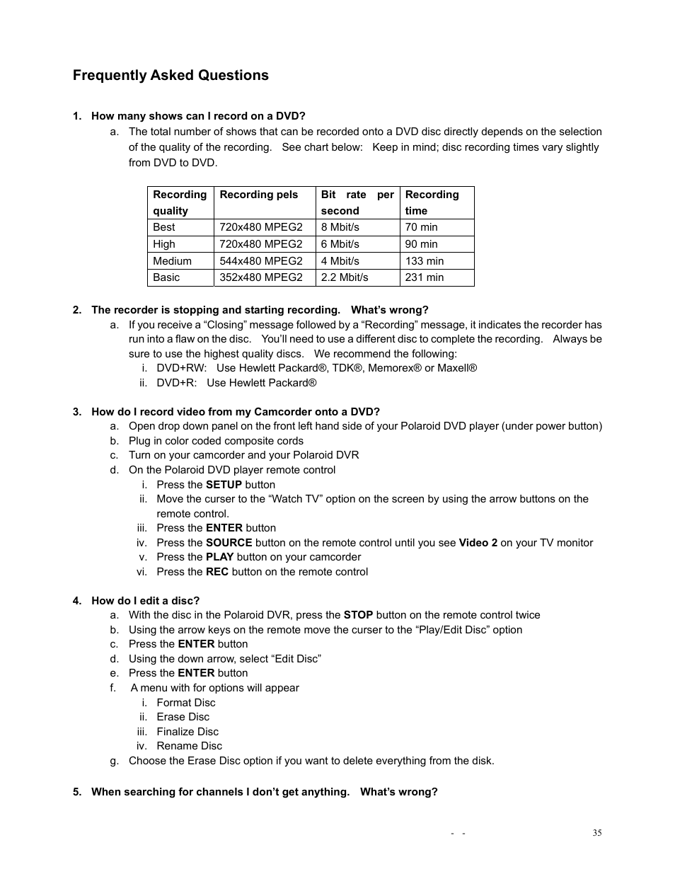 Frequently asked questions | Polaroid DVR-0900 User Manual | Page 35 / 40