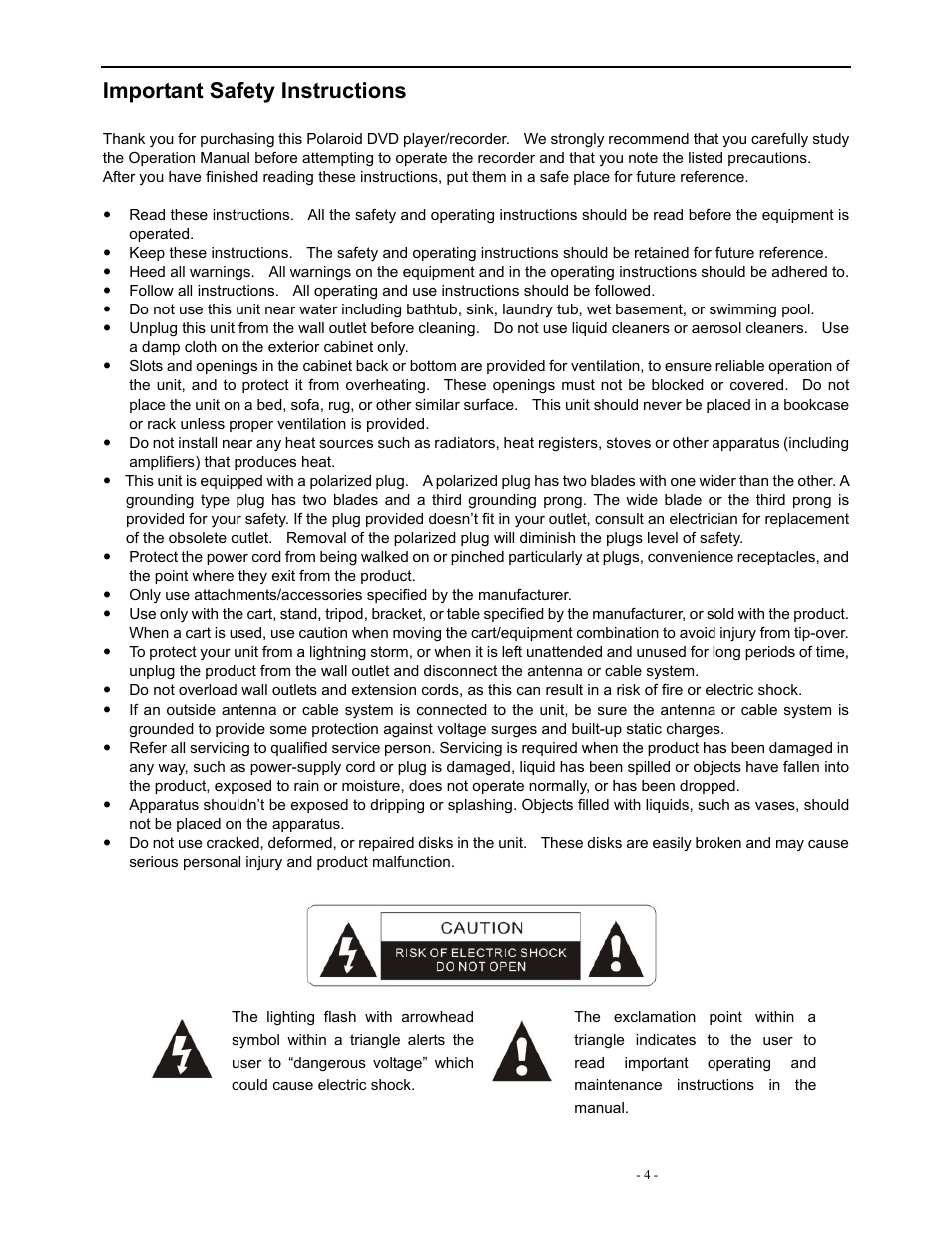 Important safety instructions | Polaroid DVR-0900 User Manual | Page 4 / 40