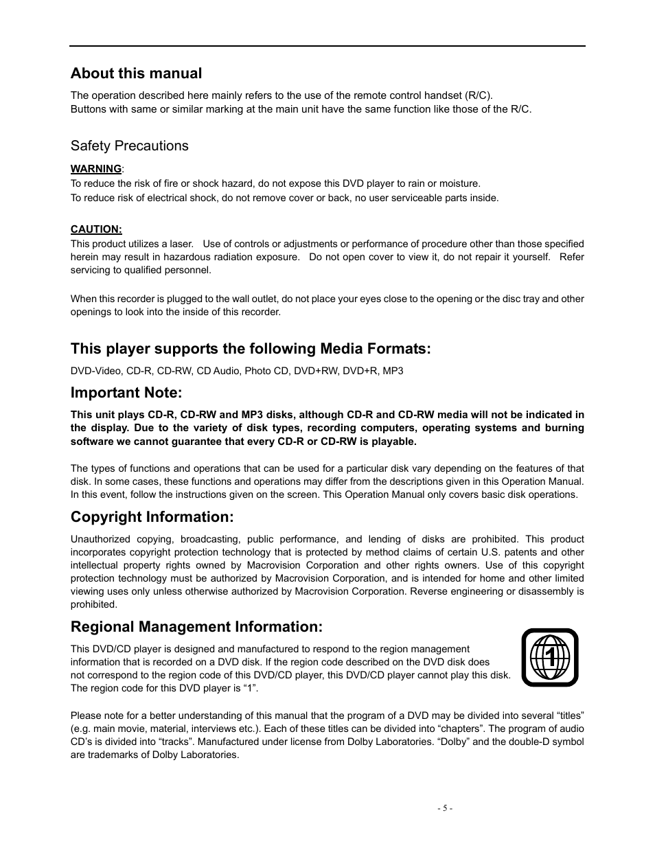 About this manual, This player supports the following media formats, Copyright information | Regional management information | Polaroid DVR-0900 User Manual | Page 5 / 40