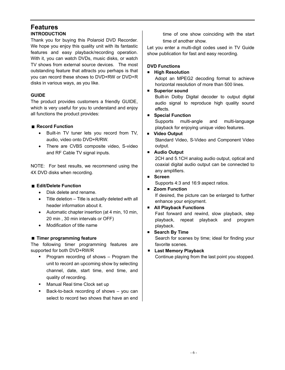 Features | Polaroid DVR-0900 User Manual | Page 6 / 40