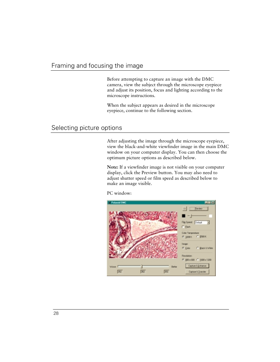 Framing and focusing the image, Selecting picture options | Polaroid Digital Microscope Camera User Manual | Page 32 / 52