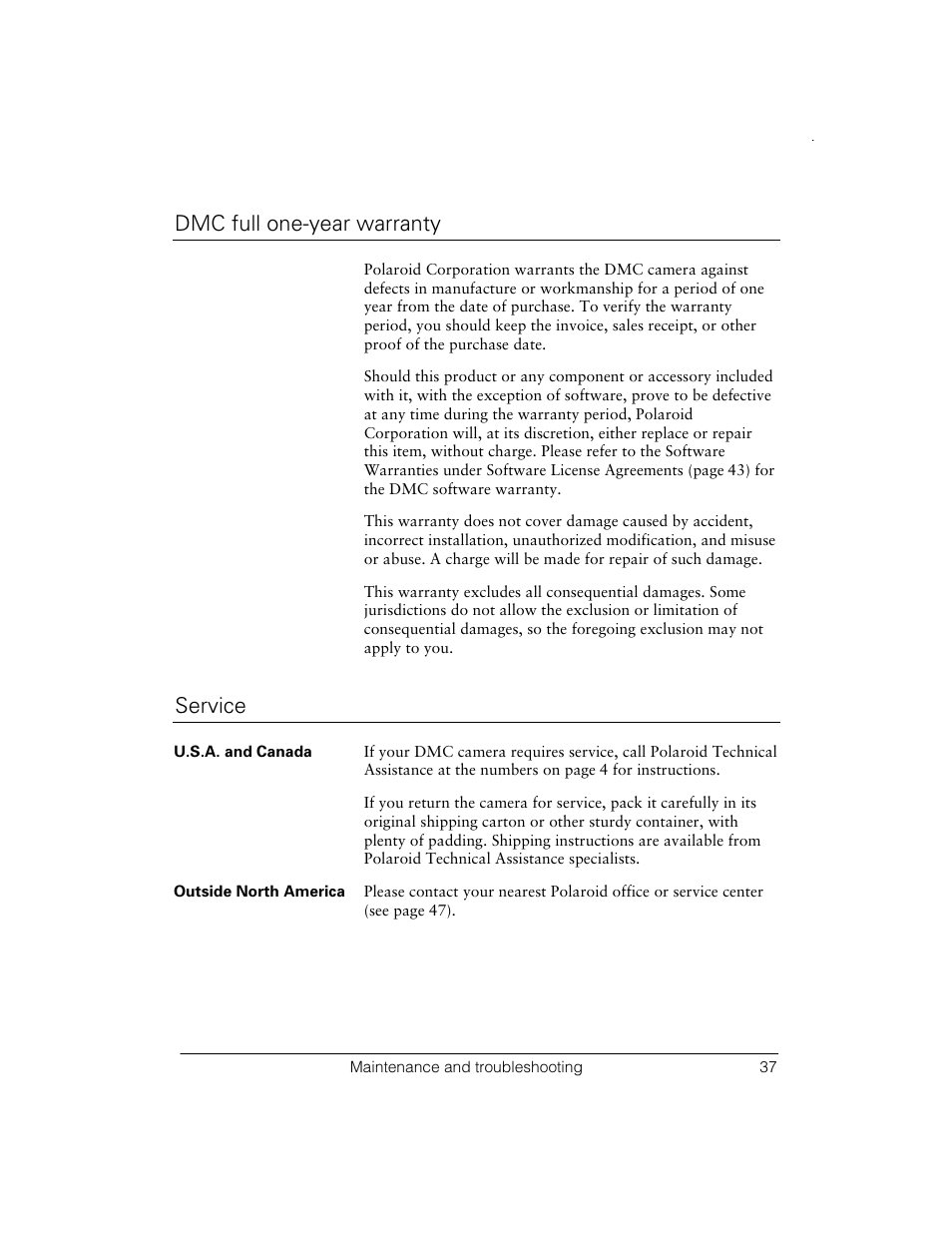 Dmc full one-year warranty, Service | Polaroid Digital Microscope Camera User Manual | Page 41 / 52