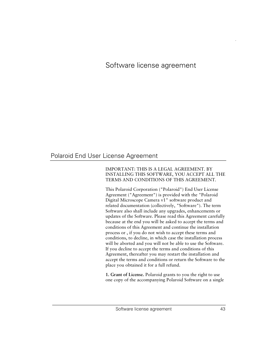 Software license agreement, Polaroid end user license agreement | Polaroid Digital Microscope Camera User Manual | Page 46 / 52