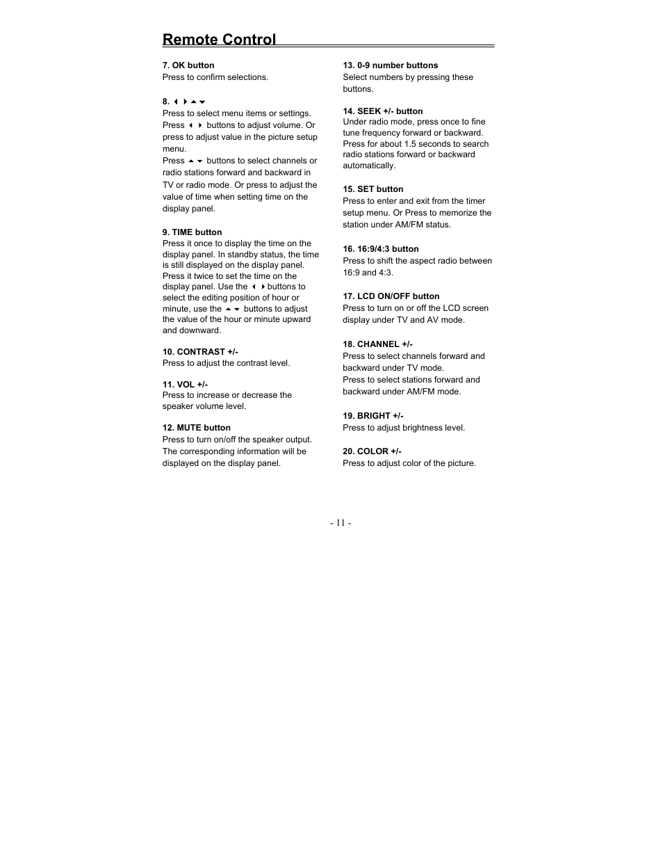 Remote control | Polaroid FCM-0700A User Manual | Page 11 / 24