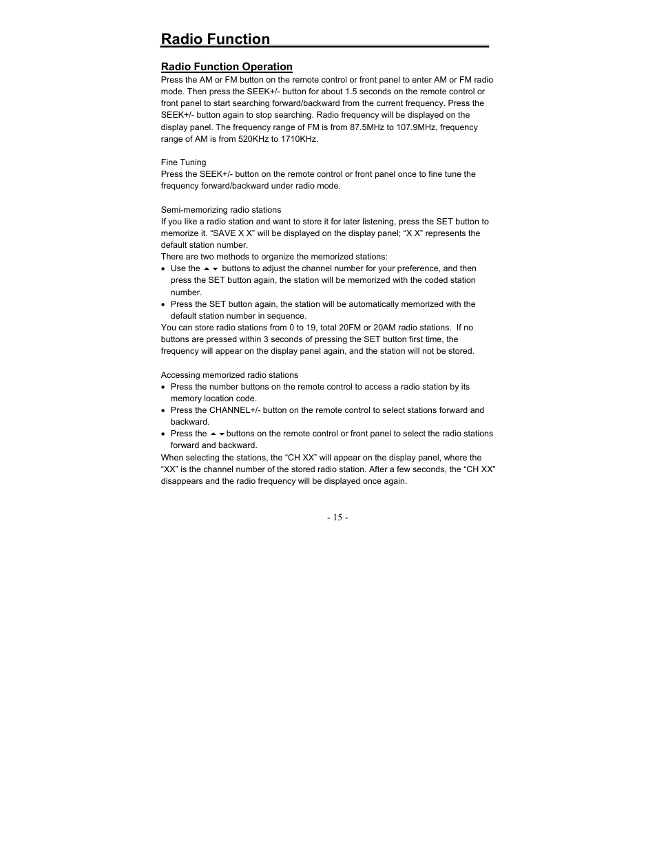Radio function | Polaroid FCM-0700A User Manual | Page 15 / 24
