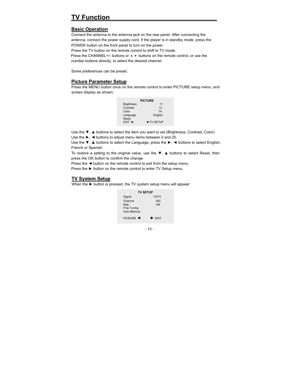 Tv function | Polaroid FCM-0700A User Manual | Page 16 / 24