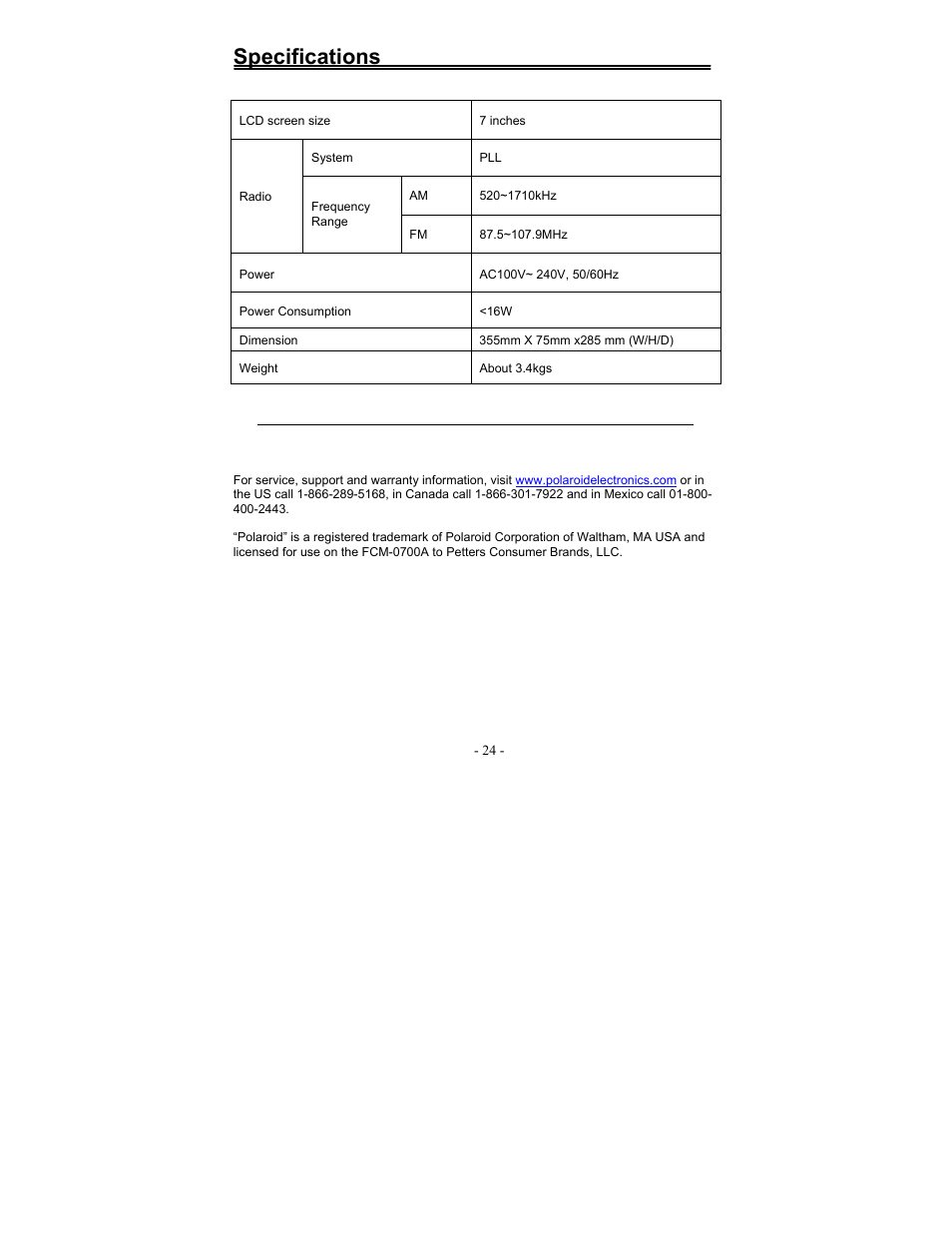 Specifications | Polaroid FCM-0700A User Manual | Page 24 / 24