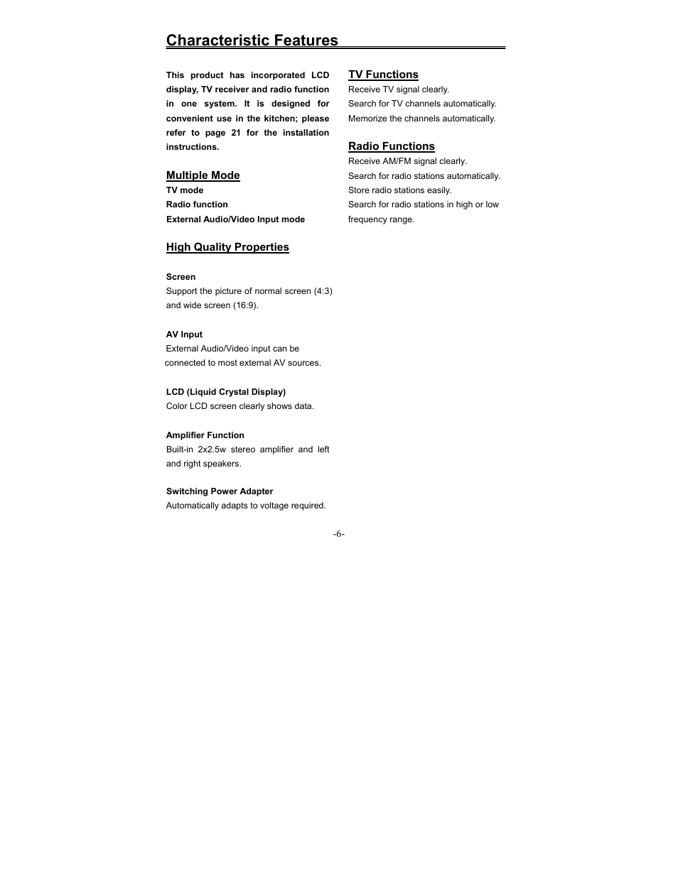 Characteristic features | Polaroid FCM-0700A User Manual | Page 6 / 24