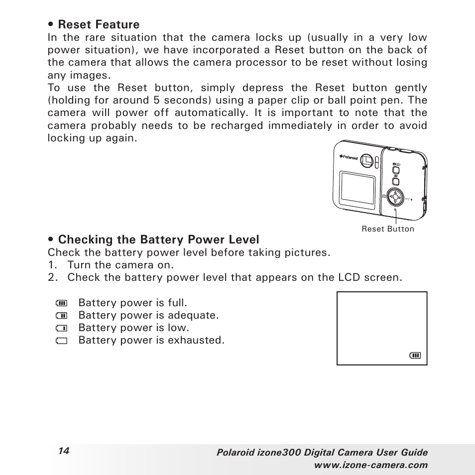 Reset feature, Checking the battery power level | Polaroid i-Zone 300 User Manual | Page 14 / 82