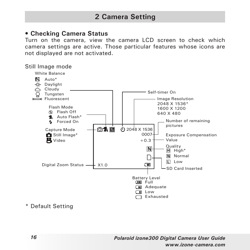 2 camera setting, Checking camera status, Default setting | Polaroid i-Zone 300 User Manual | Page 16 / 82