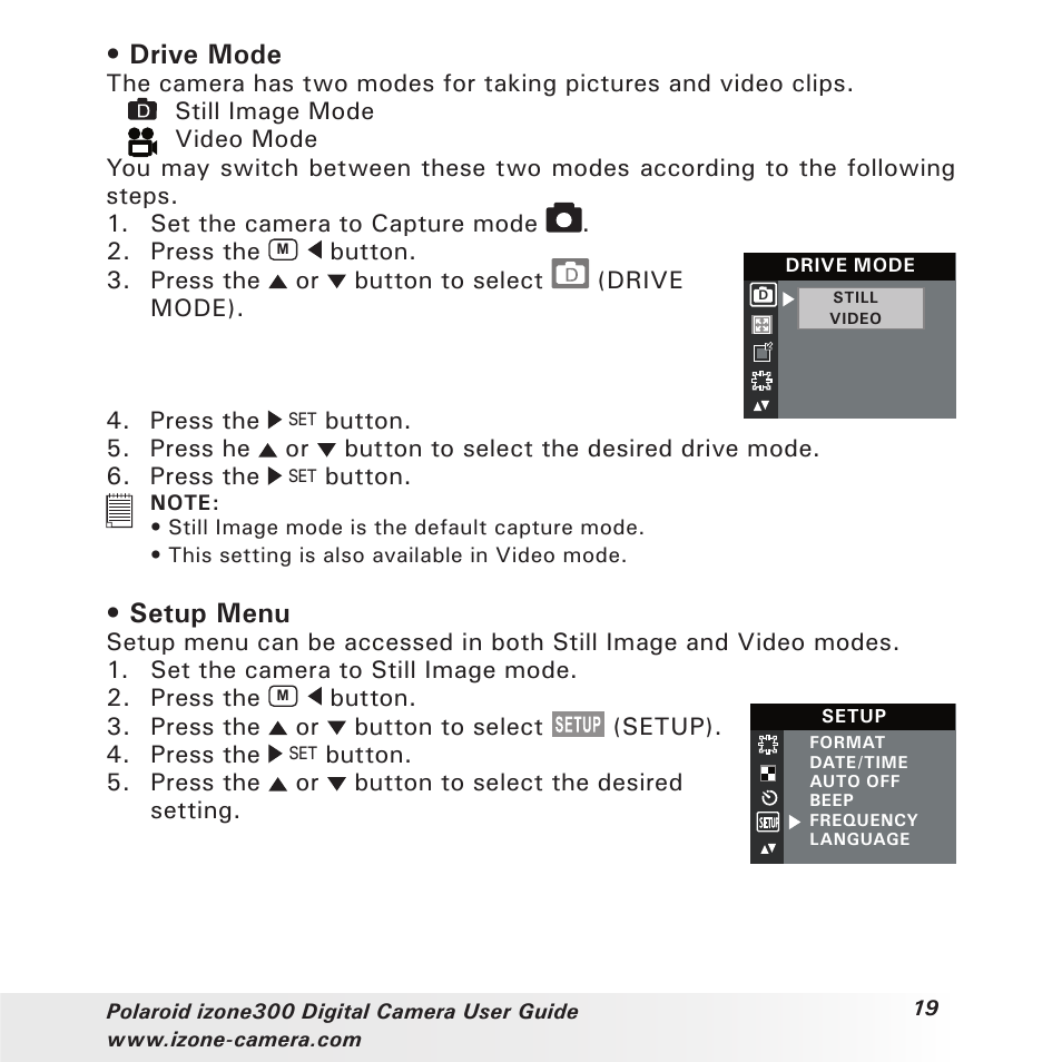 Drive mode, Setup menu | Polaroid i-Zone 300 User Manual | Page 19 / 82