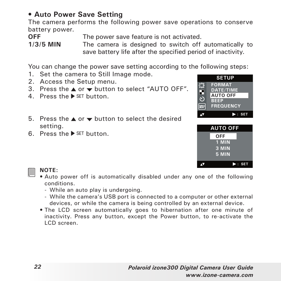 Auto power save setting | Polaroid i-Zone 300 User Manual | Page 22 / 82