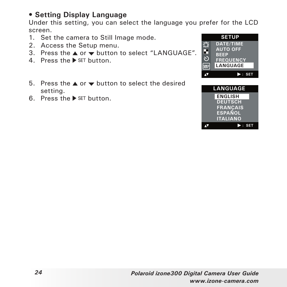 Setting display language, Button | Polaroid i-Zone 300 User Manual | Page 24 / 82