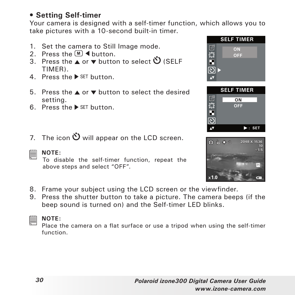 Setting self-timer | Polaroid i-Zone 300 User Manual | Page 30 / 82