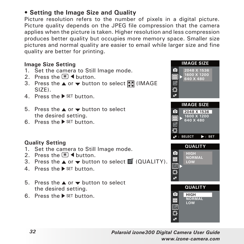 Setting the image size and quality, Button | Polaroid i-Zone 300 User Manual | Page 32 / 82